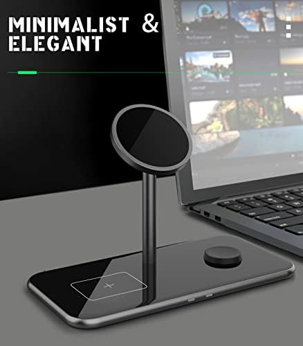 MoKo 3 in 1 Magnetic Wireless Charger Stand, 15W Aluminum Charger Dock Fast Charging Station Compatible with Magsafe iPhone 13/12/Pro/Pro Max/Apple Watch Series SE/7/6/5/4/3/2/AirPods 3/2/Pro