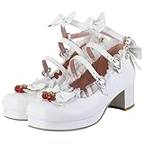 Parisuit Womens Mary Jane Chunky Heel Platform Pumps Bowtie Heart Strap Lace Kawaii Maid Shoes-White Size 7