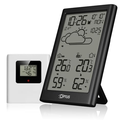 Optus Funkwetterstation mit Außensensor, DCF-Uhr, Frostwarnung, Anzeige von Temperatur und Luftfeuchtigkeit innen und außen, schwarz