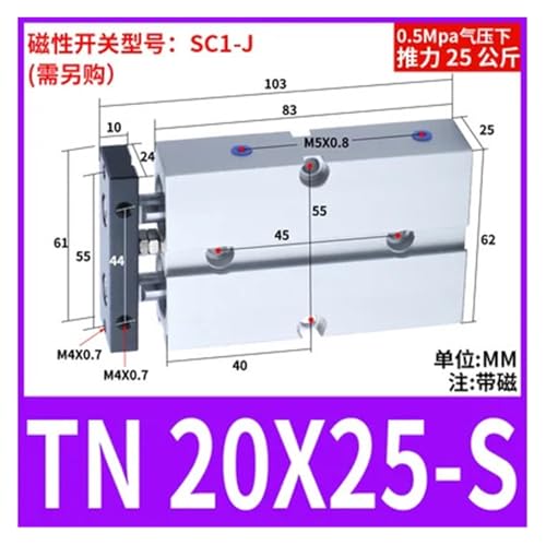 Cilindro de doble varilla de doble efecto TN20X25S magnético 2