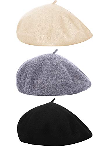3 Pieces Women Beret Hats French Style Berets Wool Beret Winter Beret Cap (Black, Beige, Dark Grey)