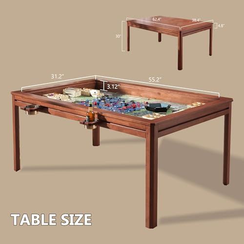 BKTSUNAMI Solid Wood Board Game Table with Removable Table Top for 4–6 Players,Gaming Table and Dining Includes Play Mat and Detachable Cup Holders with 55" x 31" Play Area, Cherry