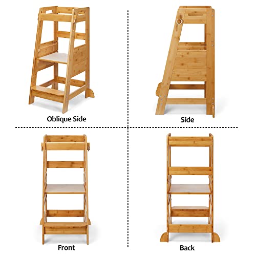 Toetol Bamboo Toddler Step Stool Natural Toddler Kitchen Standing Learning Stool 3 Height Adjustable Helper Tower Toddler Stool For Kitchen Counter With Non-Slip Mat #TOP5