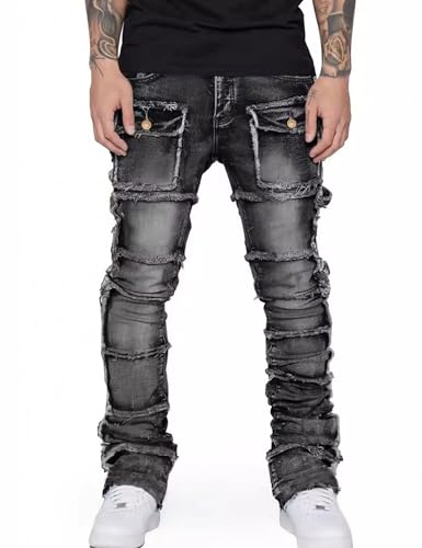 Mens Ripped Cargo Jeans Y2k Distressed Straight Leg Denim Pants Slim Fit Stretch Jeans for Men