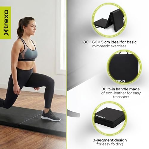 TREXO Faltbare Turnmatte 180x60x5 cm – Gymnastikmatte aus Kunstleder mit 3 Segmenten – 5 cm dicke Polsterung – für Fitness, Schule & Home Training (Schwarz)