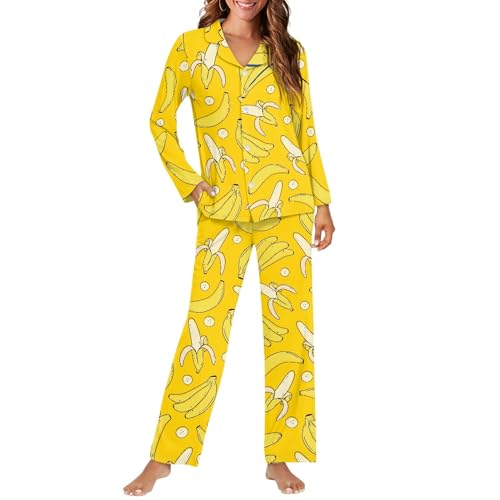 Image of Allhaitong Women 2 Piece Lounge Pajamas Sets Banana Yellow Print Classic Long Sleeve Button Down Tops and Pants Soft Sleepwear Nightwear Comfy Pjs Winter Lounge Sets