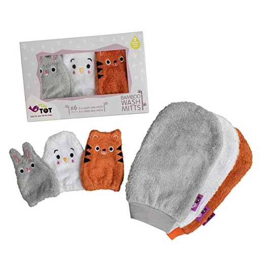 Gants de toilette en bambou Tidy Tot – 6 gants aux dimensions parfaites – 3 pour adultes, 3 pour bébé. Essuyez sans tracas le visage de bébé lors du bain ou après les repas. Le jouet de bain idéal !