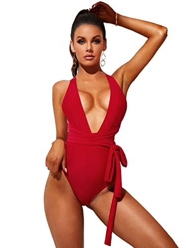 Image of Lilosy Sexy Tie Criss Cross Plunge One Piece Thong Swimsuit High Cut Brazilian Bathing Suit
