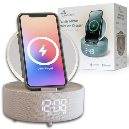 UK Technology Vanity Mirror - Wireless Charger For Smartphone, Makeup Mirror With Ring Light, Bluetooth Speaker, Desk Mirror, Digital Display Alarm Clock, Wireless Speaker Charger, Bedside Lamp