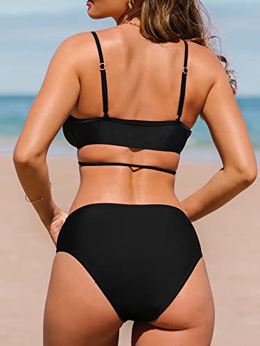 Cupshe Women Bikini Set 2 Piece Swimsuit V Neck Front Buckled Hook Triangle Top Mid Waisted Bottom Adjustable Straps M Black #TOP1