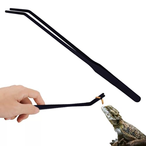 ZORVYN 1 Stück Aquarium Pinzette Set, Lange Reptilien Futterpinzette aus Edelstahl, Schützende Finger Pinzette für Reptilien und Wasserpflanzen (27cm Gebogene) (Schwarz)