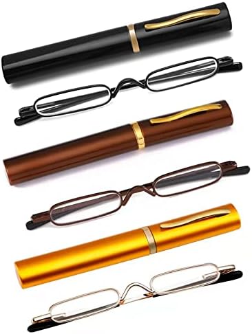 OWTXIS 3 Pack Mini Slim Pen Reading Glasses - Compact Readers with Pen Clip Case Spring Hinge Metal Frame Eyeglasses (Black, Brown, Gold, 1.75)