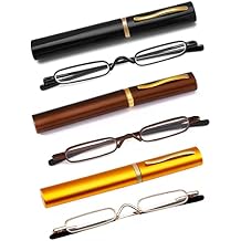 3 Pack Slim Pen Reading Glasses Metal Frame & Case Compact Portable Spring Hinge Eyeglasses for Women Men Black, Brown, Gold, +2.50