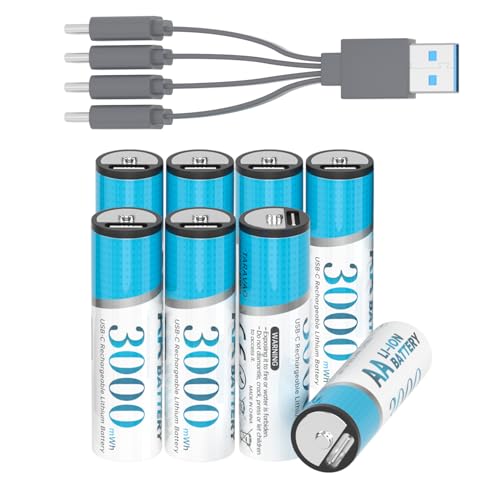 TARAVAO 1.5V USB-C Rechargeable AA Lithium Batteries 8 Pack 3000mWh Long-Lasting Double A Li-ion Cells 1000+ Cycles High Power Battery for Wireless Mouse Flashlights Controllers