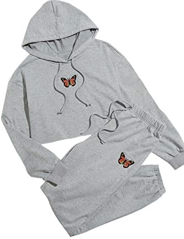 SweatyRocks Women's 2 Pieces Outfits Crop Hoodie and Long Pants Tracksuits Set Sportwear Grey XS
