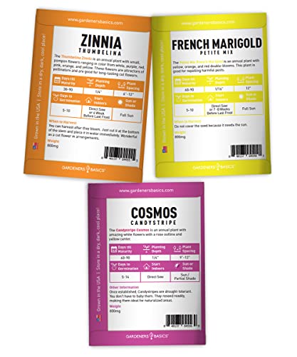 Flower Garden Seeds For Planting Outdoors Flower Seeds (5 Variety Pack) Daisy, Marigold, Cosmos, Sunflower, Zinnia Varieties For Bees, Pollinators Wildflower Seed By Gardeners Basics #TOP1