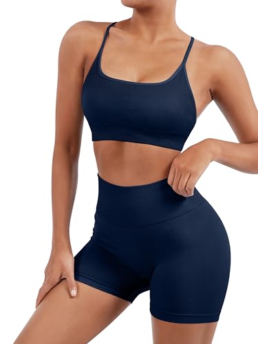 Image of SUUKSESS Women Seamless Workout Sets Strappy Sports Bra High Waist Booty Shorts Outfits