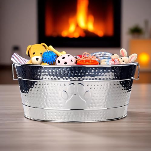 BREKX Stainless Steel Indestructible Dog Toy Bin - Pet Storage Bin with Handles, Large Organizer Storage Basket for Pet Toys, Blankets, Leashes - Pawprint Design Home Decor (Silver - 25 Quart)