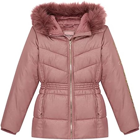 Juicy Couture Girls Puffer Jacket, Cinched Waist Glitter Bubble Kids Coat with Fur Hoodie, Mauve, Small