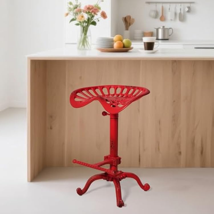 Rustic Industrial Farmhouse Tractor Seat Adjustable Bar Stool Industrial bar Chair (Aged Red, Cast Iron)