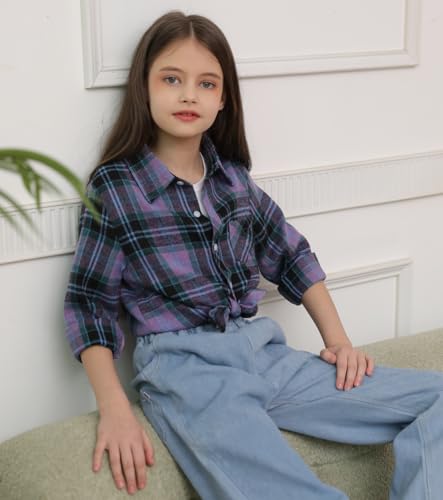 Image of SANGTREE Women and Girls Long Sleeve Flannel Casual Button Down Plaid Shirt