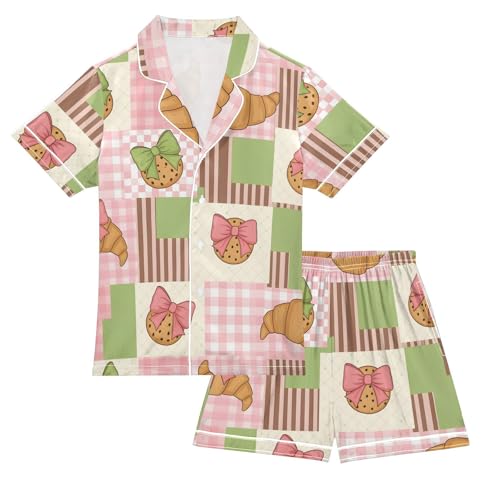 Satin Pajama Sets Short Sleeve Croissant Pattern with Bows Button Down Silky Nightwear 2 Piece PJS 5-14Y