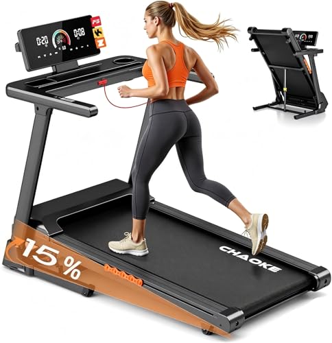 CHAOKE Laufband für Zuhause, 3,0HP Laufband Klappbar mit 0-15% Automatische Steigung, 16km/h Walking Pad, Treadmill for Home mit Eingebaute Lautsprecher, Pulsmessung und Fitness App, Belastung 180KG