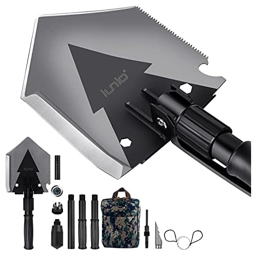 iunio Folding Shovel, Survival Multitool, Foldable Entrenching Tool, Portable Collapsible Spade, Off-Roading E-Tool Kit, for Camping, Backpacking, Trenching, Car Emergency
