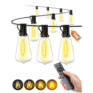 Outdoor Patio String Lights: 100Ft 30M Outside Waterproof Light – Remote Dimmable ST38 Shatterproof Bulb Connectable Hanging Outdoor Electric Lighting – Backyard Yard Gazebo Porch Party