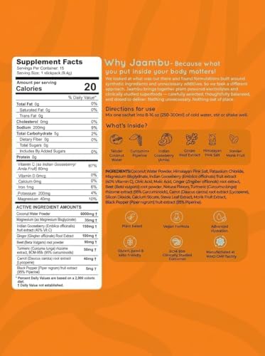 Jaambu Life | CocoBoost+ Electrolyte & Immunity Drink Mix | Plant-Based Hydration with Coconut Water & BCM-95® Curcumin | 15 Stick Packs (Tropical Punch)