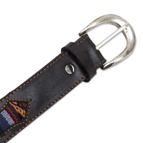NOVICA Artisan Handmade Woolaccented Leather Belt with Andean Accents Accessories Belts Black Multicolor Patterned Peru Woven 'Cusco Heritage'3