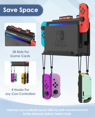Image of TCOS TECH Wall Mount Stand for Nintendo Switch and Switch OLED, Metal Wall Mount Kit Shelf Accessories with 28 Game Card Holders and 4 Joy Con Hanger, Organize & Safely Store Switch Console Near TV