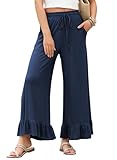 EVALESS Women's Wide Leg Pants with Pockets High Rise Elastic Waistband Comfy Lightweight Ruffle Hem Palazzo Pants for Ladies Navy Blue Large