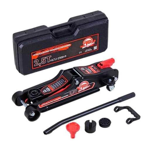 Wagenheber hydraulisch 2,5 Tonnen Flache Ausführung 80mm – 360mm Low Profile inkl. Koffer + SUV- Adapter + 2X Gummiauflage Hydraulischer KFZ- Rangierwagenheber 360° Rollen (Rot)