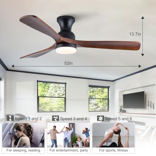 XBIBI 52 Inch Low Profile Ceiling Fan with Lights Remote Control, Dimmable, Quiet 6 Speeds DC Motor Wood Black Ceiling Fan with Flush Mount, Indoor Outdoor Ceiling Fans for Patios by XBIBI - Used condition - Image 3