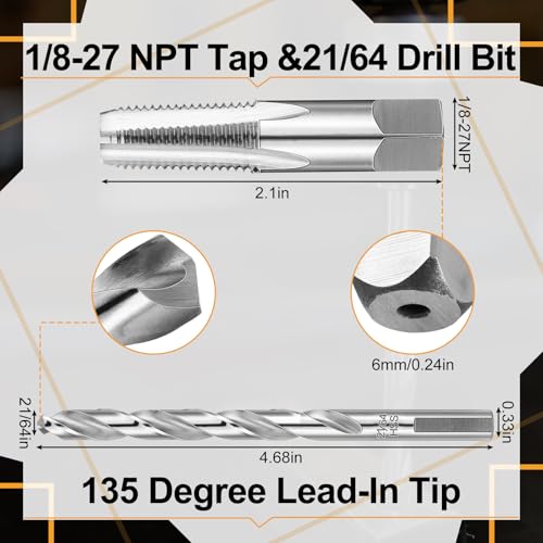 Image of MorningRo 1 /8-27 Npt Tap 21 /64 Drill Bit High Speed Steel Tap Drill Bit Set | M2(6542) High Speed Steel Tap, Accurate Threads, Assorted Plumbers Mechanics, DIY Thread Cutting Tools