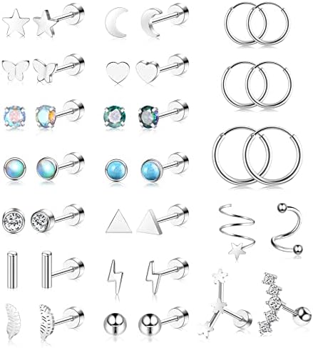Leocuci Surgical Stainless Steel Stud Earrings for Women Men Cartilage Earring Small Flat Back Earrings Set with Screw Back for Cartilage Ears Multipack Silver Color