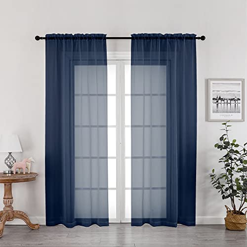 Image of OWENIE Navy Blue Sheer Curtains 72 Inches Long 2 Panels, Transparent Voile Sheer Curtain Double Rod Pocket Gauze Drapes for Living Room Bedroom Window Sliding Glass Door Treatment, 42 x 72 Inch
