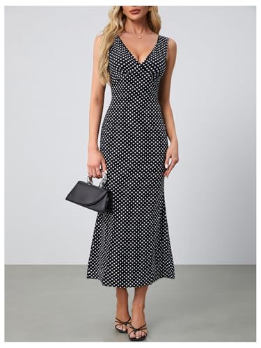 Women's Polka Dots Tie Back Dress Deep V Neck Sleeveless Maxi Going Out Dresses3