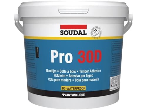 Soudal Pro 30D Water Resistant Timber Wood Glue Adhesive PVA Fast Dry White 5kg Bucket Waterresistant PVAc, Solvent Free, Fast, D3, Ready-to-Use PVAC-Based
