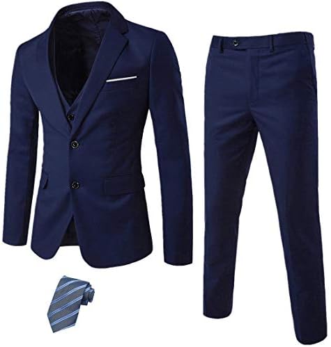YND Men's Slim Fit 2 Button 3 Piece Suit Set, Blazer Jacket Vest Pants and Tie, Solid Wedding Dress Tux and Trousers Deep Blue