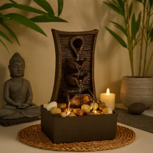 GEEZY Indoor Water Fountain - Tiers Design Water Feature with LED Lights - Mains Powered & Self-Contained, Table Top, Relaxing & Tranquil - Perfect for Home, Living Room, Office Decor