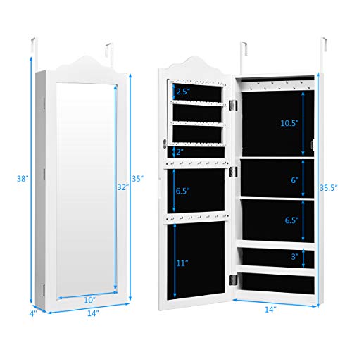 Giantex Wall Door Mounted Jewelry Armoire With Full Length Mirror, Bedroom Bathroom Hanging Jewelry Cabinet Chest With 56 Ring Slots 23 Necklace Hooks 72 Ring Slots Deep Storage Organizer, White #TOP6