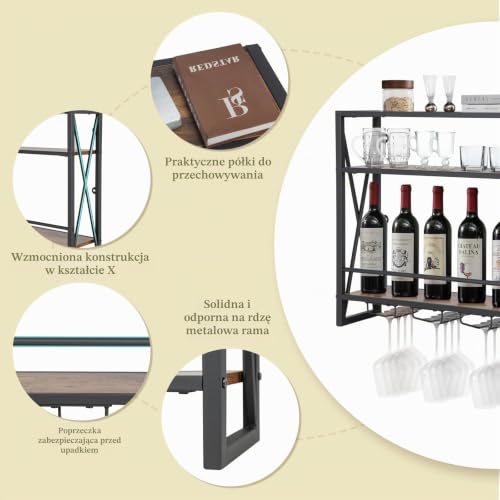 KOMFOTTEU Wall Board, Ozdobny stojak na wino z uchwytem na kubki Wiszący uchwyt na butelki, 20 kg ładunku na warstwę, do kuchni, piwnicy, baru (80 x 20 x 63 cm), SE09778DE-GL