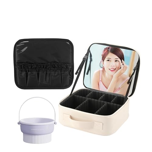 LEAFEEL-「Viaggio」メイクボックス 鏡付き 化粧ポーチ 大容量 化粧品収納 コスメボックス 旅行用 コスメポーチ スキンケア 収納メイクブラシ&スキンケア収納ケース 調節可能仕切り付き プロ用メイクポーチ。シリコン製のメイクブラシ洗浄ボウル付
