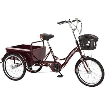 20-Zoll-Dreirad für Erwachsene, Rahmen aus Kohlenstoffstahl, Erwachsenenfahrrad, 6-Gang-Dreirad-Cruiser-Fahrrad mit Einkaufskorb, für Senioren, Damen, Herren, Picknick, Radfahren, Treten (rot)