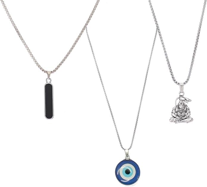 maalgodam Set of 3 Pendant Lockets with 26 Inch Stainless Steel Chain for Men & Boys | Silver Finish Metal Alloy Necklace | Stylish Daily Wear & Gift Jewellery Combo-picture-42