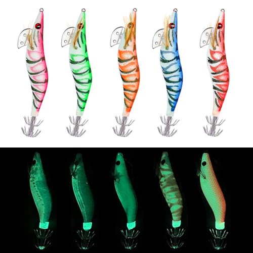 Señuelos de Camarones, 5 Piezas Cebo Duradero para Señuelos de Pesca de Calamar de Plástico Luminoso de Cebo de Calamar para Camarones, Calamares, Pesca Nocturna, Agua Dulce y Salada