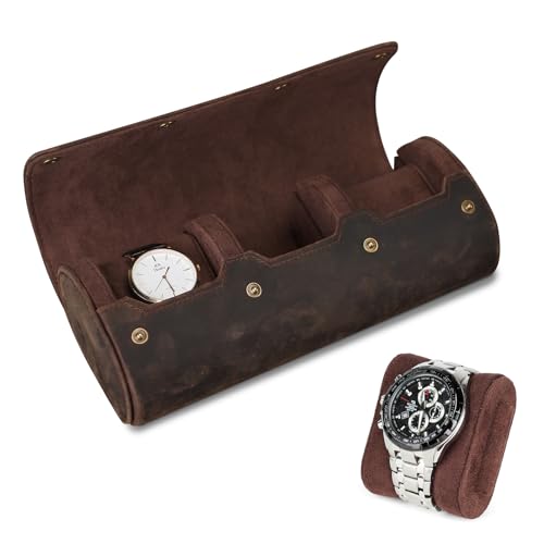 VINBAGGE Boîte à Montres en Cuir Véritable pour Homme - Étui de Voyage 3 Montres Style Vintage - Organisateur Rangement en Cuir Crazy Horse - Coffret Cadeau Luxe Effet Patiné