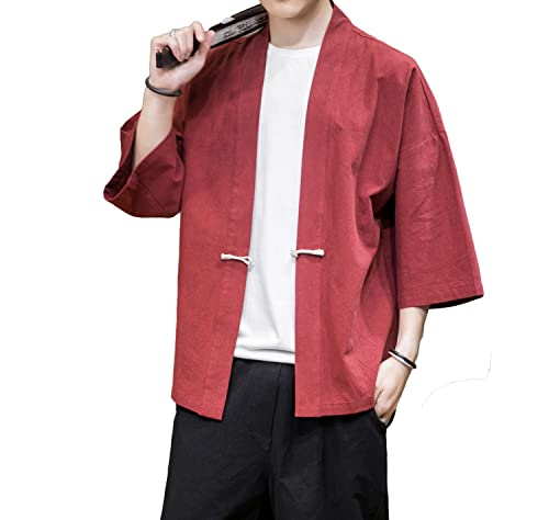 Image of Mens Kimono Cardigan Cotton Linen Japanese Shirt 3 /4 Sleeve Haori Yukata | Skin-Friendly Solid Color Lightweight Shawl Collar Kimono Robe Embroidery Button Tie Pockets Happi Coat All Season Daily Wear